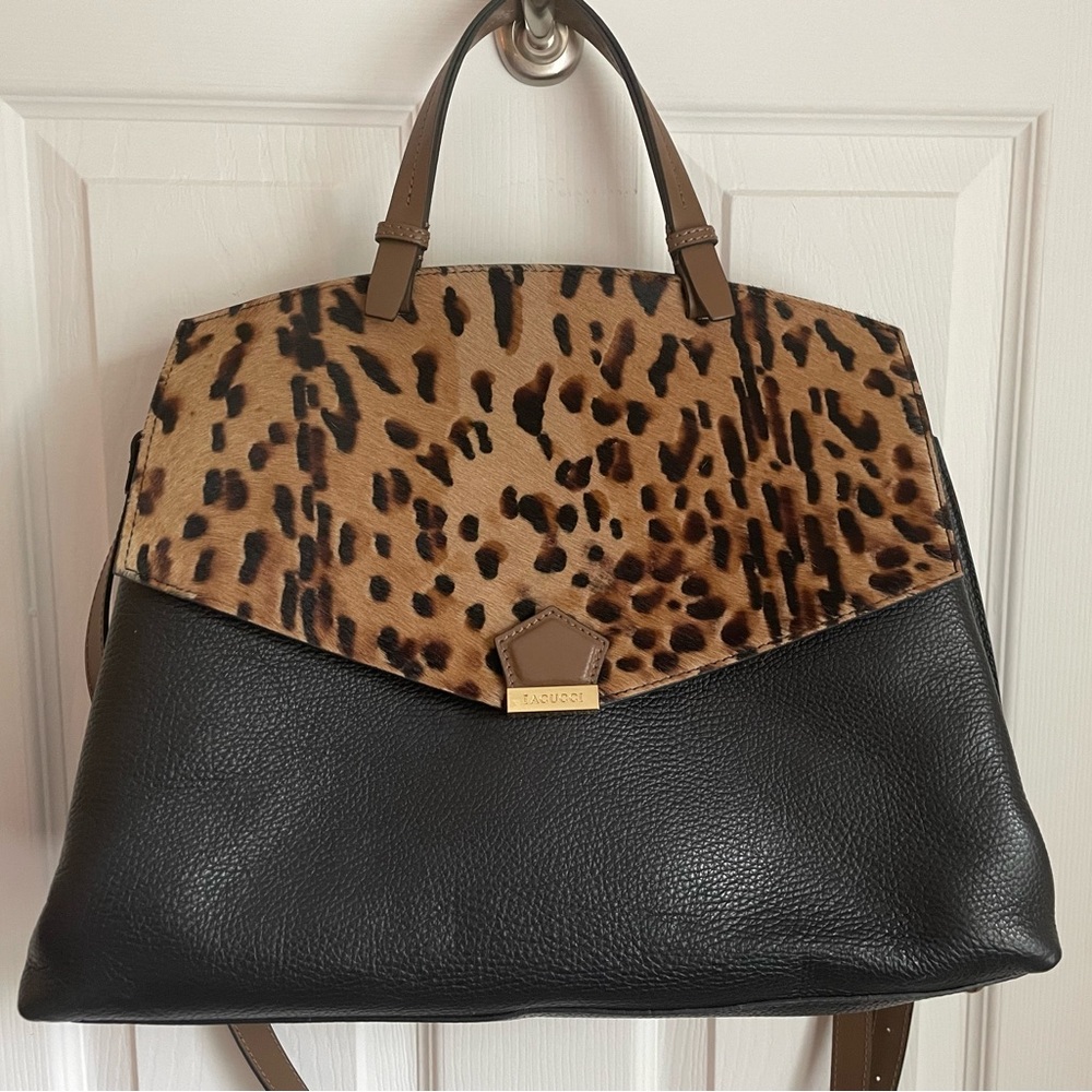 Iacucci black and leopard print Italian leather handbag
